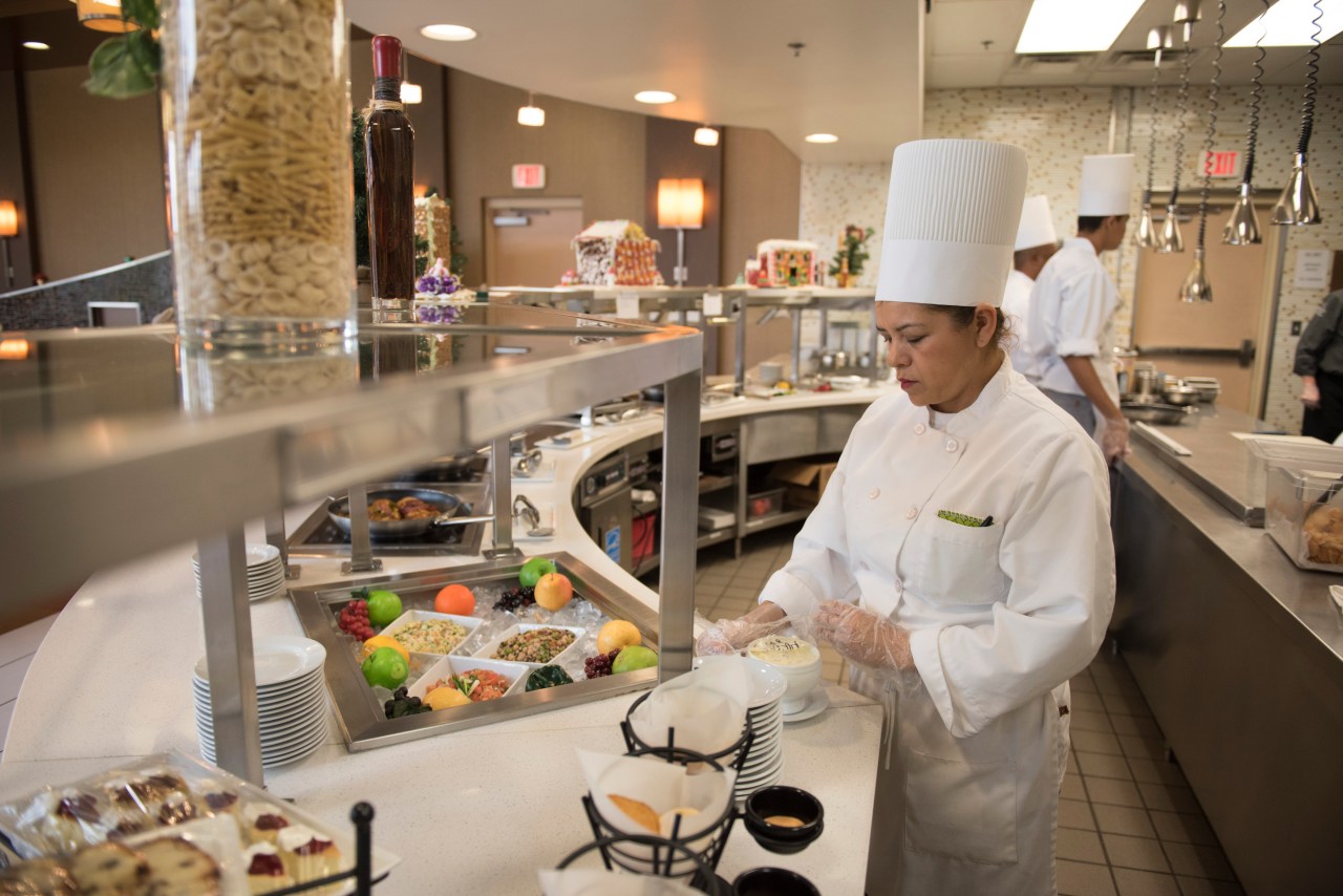 Student Imelda Mendez de Rodriguez prepares to open for lunch at Westside Bistro at the Culinary Academy of Las Vegas.