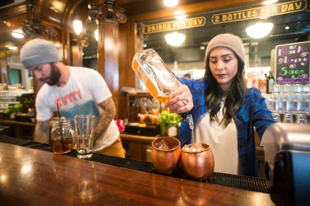 Alexandria Canavan makes Montucky Mules, the Montana version of the Moscow Mule, with bourbon in place of vodka, at Headframe Spirits.