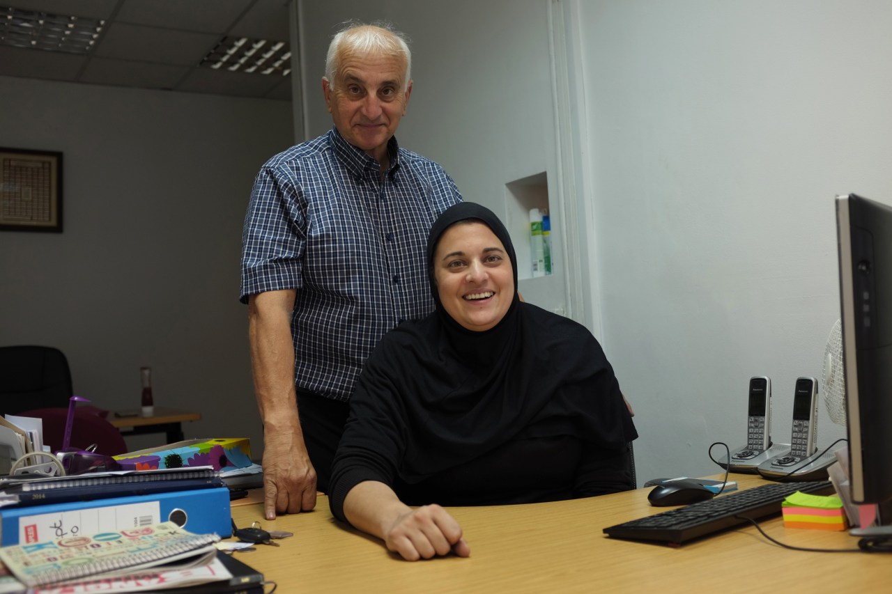 Gulam Taslim and his daughter Habiba inside the offices of Haji Taslim Funerals in east London.