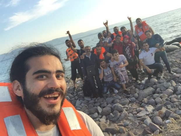 Yilmaz Ibrahim Pasha takes a celebratory selfie shortly after arriving in Lesbos.