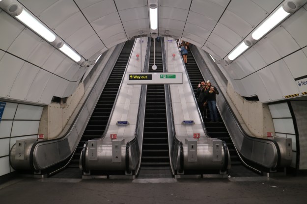 1. McDonalds-wielding Night Tubers on the escalators. / 2. Billboard tunnel at Tottenham Court Road station.