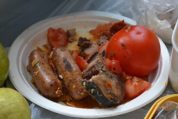 1. Chicken and pork adobo. / 2. Fried longganisa sausage with tambakol fish and tomato.