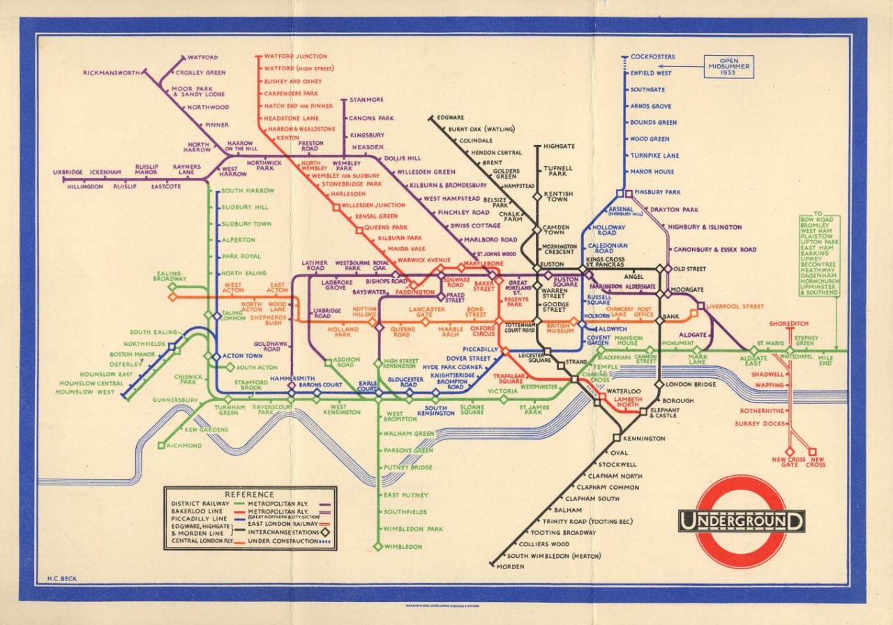 Electrical draughtsman Harry Beck’s revolutionary (but not geographically accurate) London Underground Map from 1933, on which today’s Tube map is based. (Illustration courtesy of Transport For London)