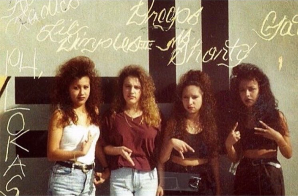 1: Paradise Hills Lokas, pictured in San Diego in the late 80s/early 90s (Photo courtesy of @lavidacalifas/Veteranas and Rucas) / 2: Monique, Monica, Jennifer, Crystal, Julia, and Shavonne, from Norwalk High School, partying in East L.A.: 1996. (Photo courtesy of Veteranas and Rucas)