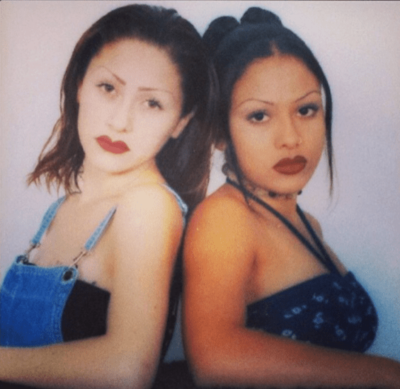 1: GENUWINE LOVERS Party Crew in Santa Ana in 1996 (Photo courtesy of @jorgalina99/Veteranas and Rucas) / 2: Gloria (left) and her sister Maria grew up in Boyle Heights, East Los and Montebello. This photo was taken at the Montebello Town Center in 1996. (Photo courtesy of Veteranas and Rucas)
