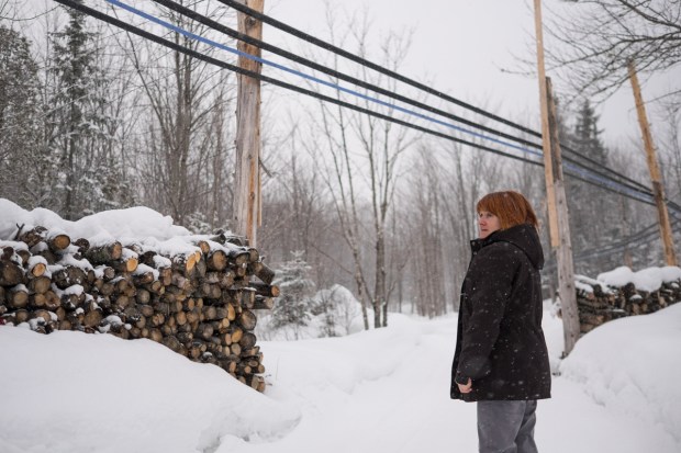 Angèle Grenier surveys the tubing that carries maple sap from the trees to collection barrels. There are more than two miles of tubing on her property.