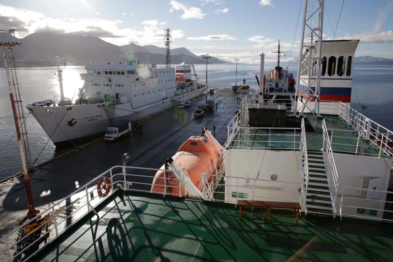 The Akademik Sergei Vavilov and its sister ship at dock in Ushuaia, Argentina, from where the Antarctic Biennale expedition set sail on March 17.