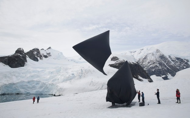 1. Argentine artist Tomás Saraceno’s “Aerocene,” a solar-powered kite which functions like a hot-air balloon, muses on the impact of air travel on climate change and presents a futuristic, sustainable solution to the universal human desire to fly. / 2. Joaquín Fargas' "Glaciator" robot, which compress snow into ice to accelerate the formation of glaciers.