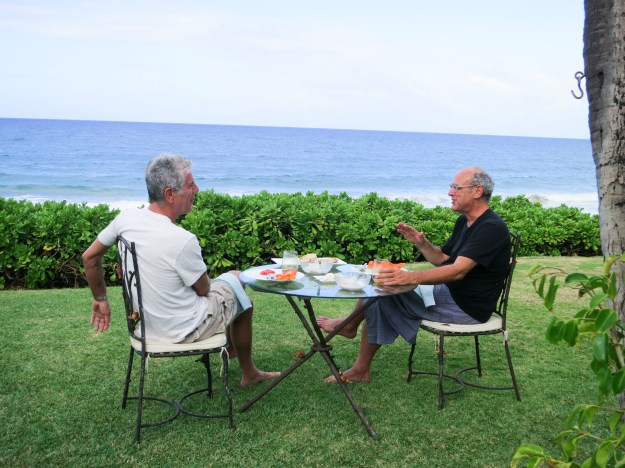 1. Tony has a meal with members of Molokai's community, including outspoken activist Walter Ritte. / 2. Famed producer, manager and agent Shep Gordon has Tony over for breakfast at his home in Maui.