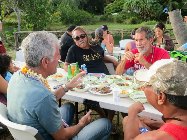 1. Tony has a meal with members of Molokai's community, including outspoken activist Walter Ritte. / 2. Famed producer, manager and agent Shep Gordon has Tony over for breakfast at his home in Maui.