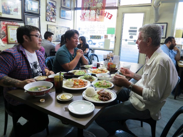 Bourdain eating lunch at Ethel's Grill.