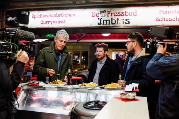 1. Bourdain with Daniel Gottschlich and friend Dimi Katsavaris. / 2. Irmin Schmidt discusses CAN and the Cologne music scene at Ox & Klee.