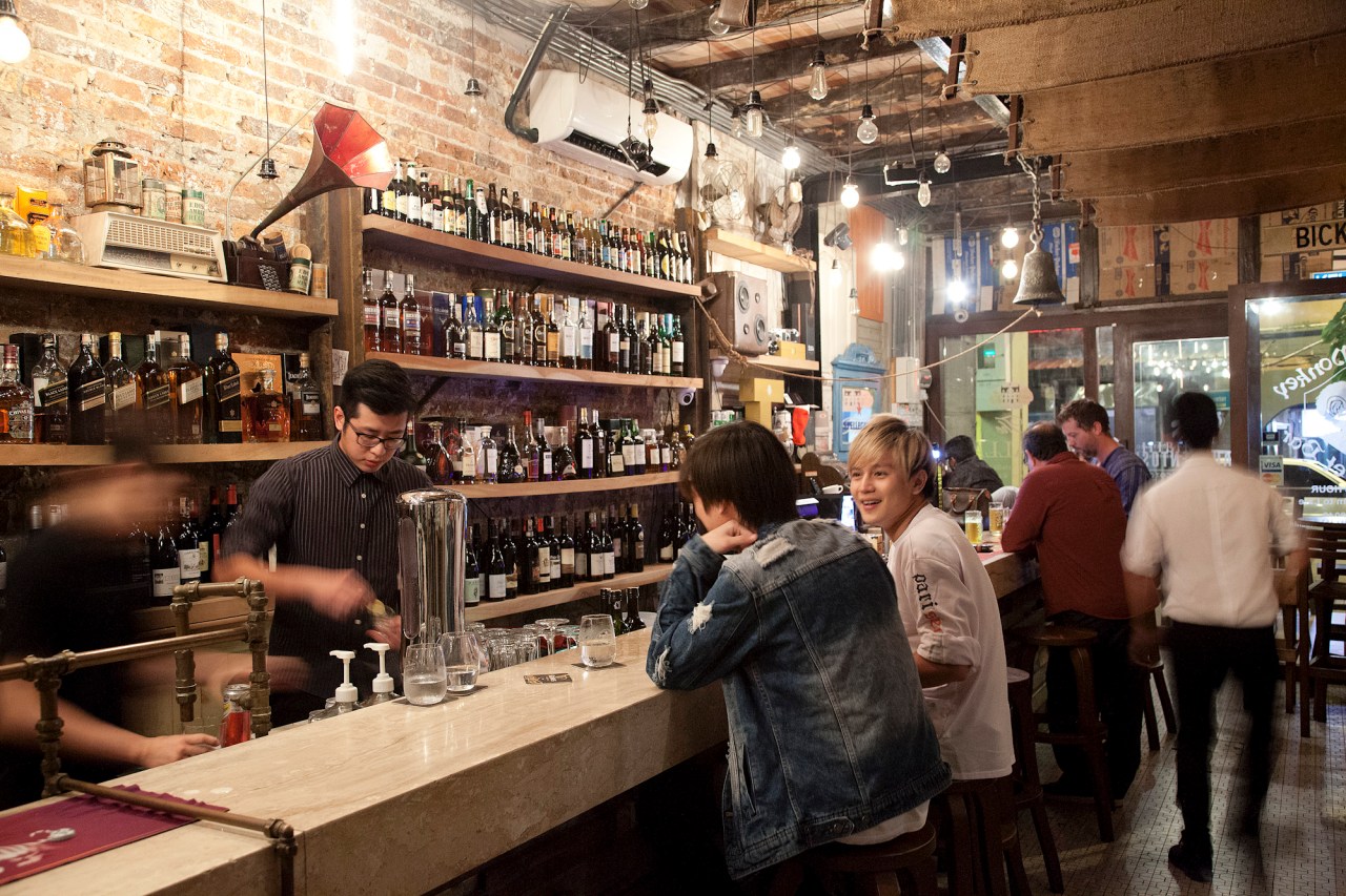 Liquors and beers on display at Drunk Monkey Old Street Bar in Kuching.