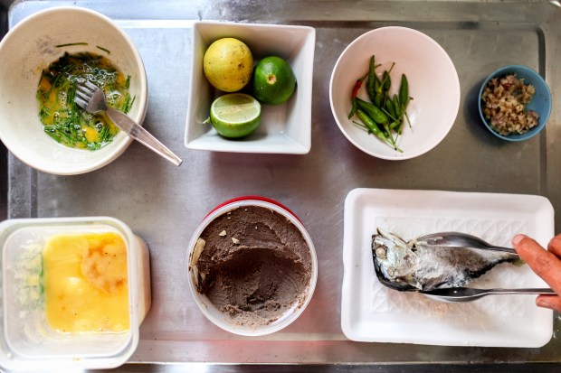 Lemon, chili, garlic, palm sugar, and shrimp paste are prepared to make nam prik kapi.