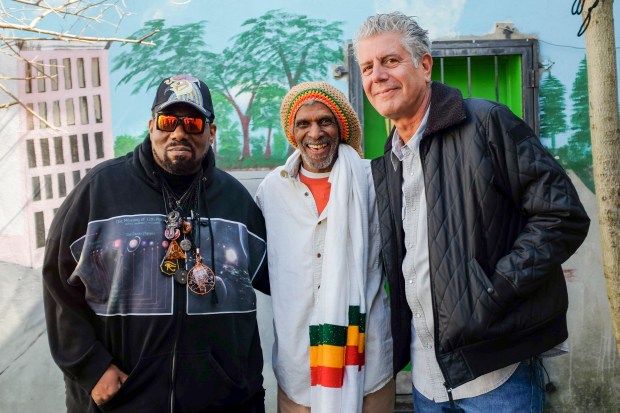 (L to R) Afrika Bambaataa, Baba Rahsan Abdul Hakim, Anthony Bourdain.