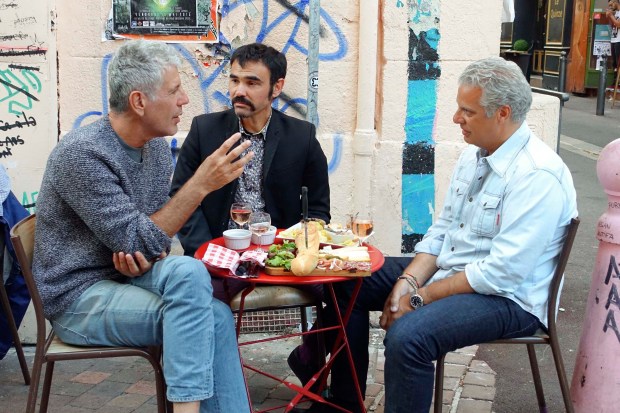 Bourdain with Chef Eric Ripert (right) and Gilles Rof (center), local culture/sports/crime reporter at Bar Waaw in Marseille.