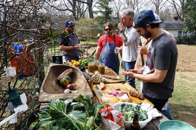 1. Backyard barbecue with Sean Brock, Tyler Brown, Pat Martin, and Tandy Wilson. / 2. Bourdain with siblings Matthew and Alison Mosshart.