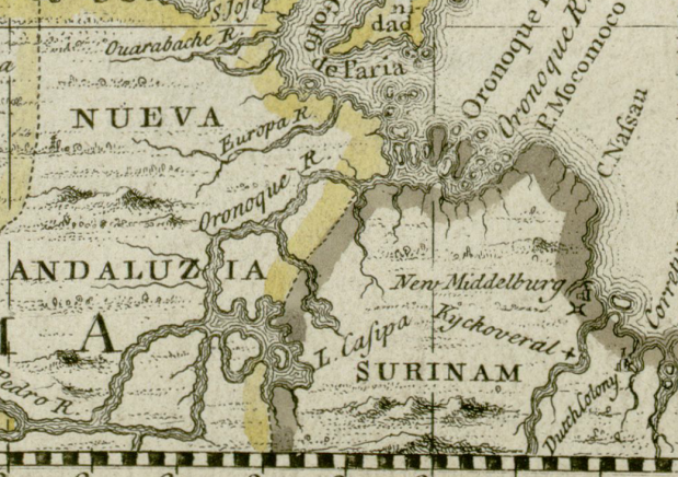 The Orinoco River from a section of a map from the Darlington Collection dated 1680. (courtesy of Wikimedia Commons)