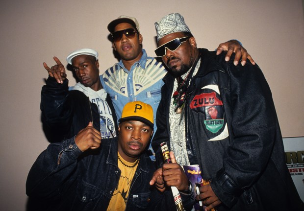 Grandmaster Flash, DJ Kool Herc, Afrika Bambaataa and Chuck D attend Columbia University's Rap Summit in November 1993 in New York City. (Photo by Kevin Mazur/WireImage)