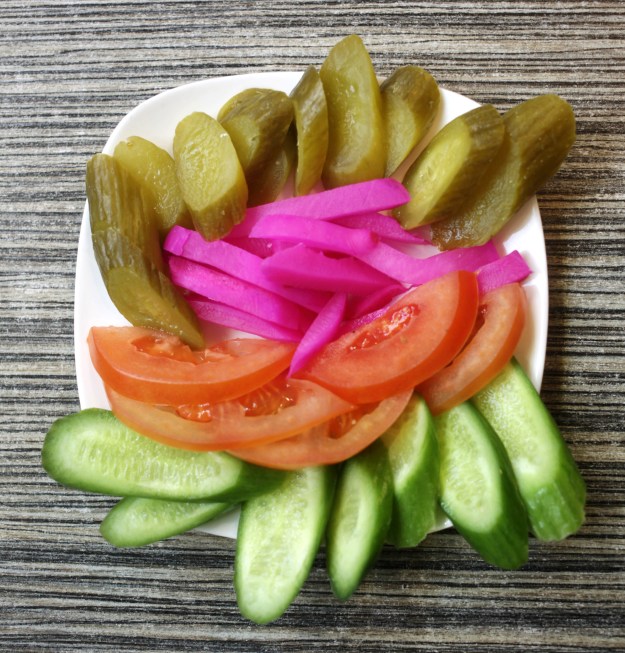 1. Pickles and cucumbers. / 2. Muhammara pastry.