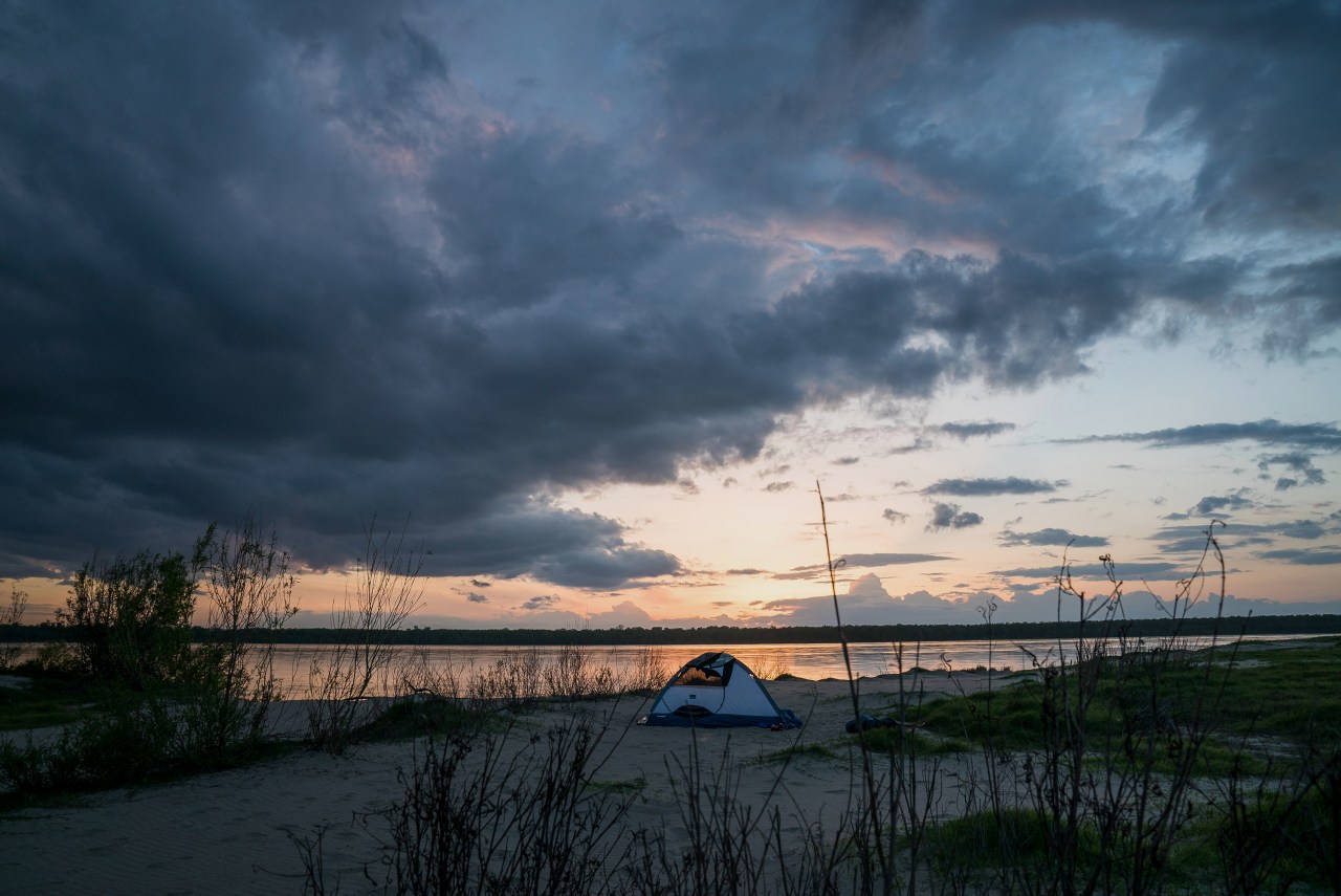 The sun sets over the author’s campsite.