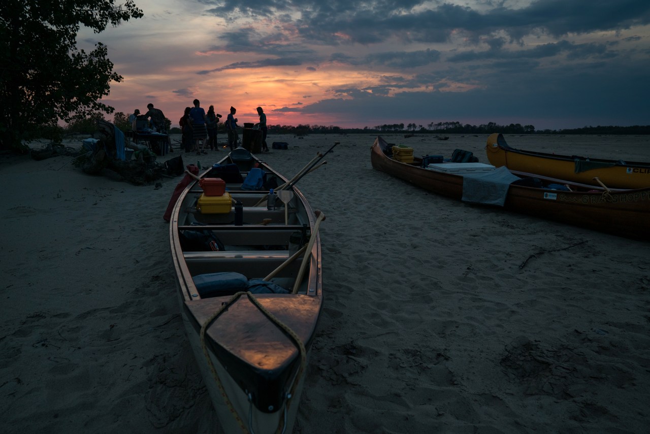 A fleet of canoes parked for the night on Island 62, upstream of Clarksdale.