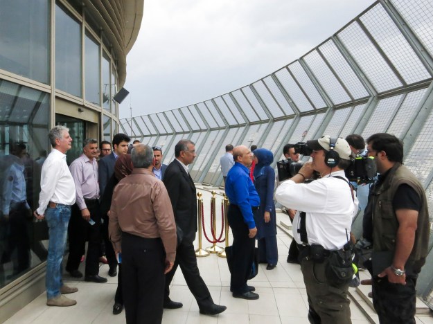 Bourdain and crew atop the Milad Tower.