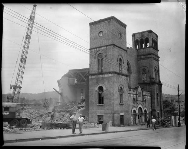 The 1957 demolition of Bethel AME Church on Wylie Avenue and Elm Street in the Lower Hill District. (Photo by Charles 'Teenie' Harris/Carnegie Museum of Art via Getty Images)