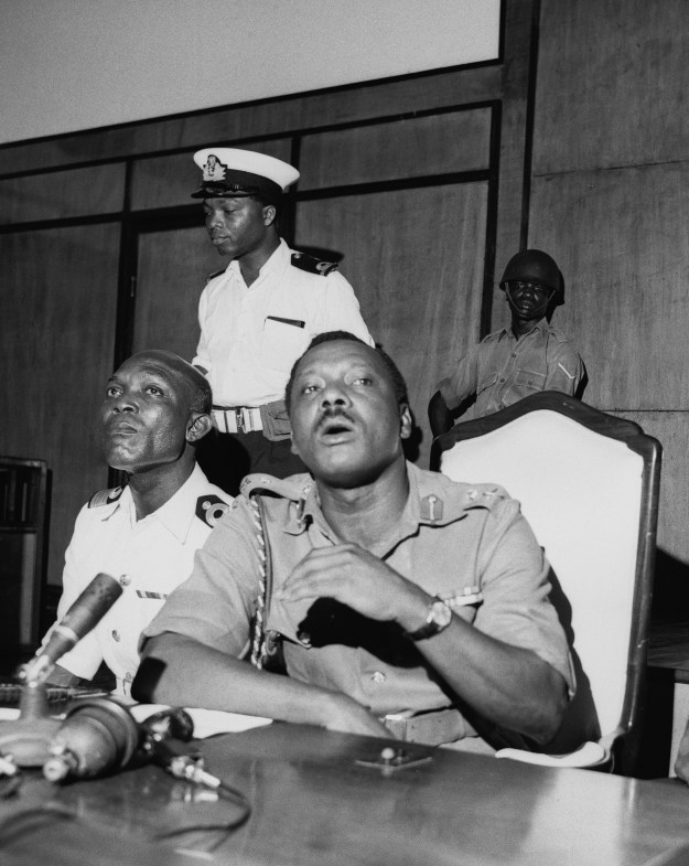 1. Major General Johnson Aguiyi-Ironsi in Nigeria, c. 1966. (Photo by Norman Potter/Stringer via Getty Images) / 2. Colonel Odumegwu Ojukwu, c. 1966. (Photo by Keystone Features/Hulton Archive via Getty Images)