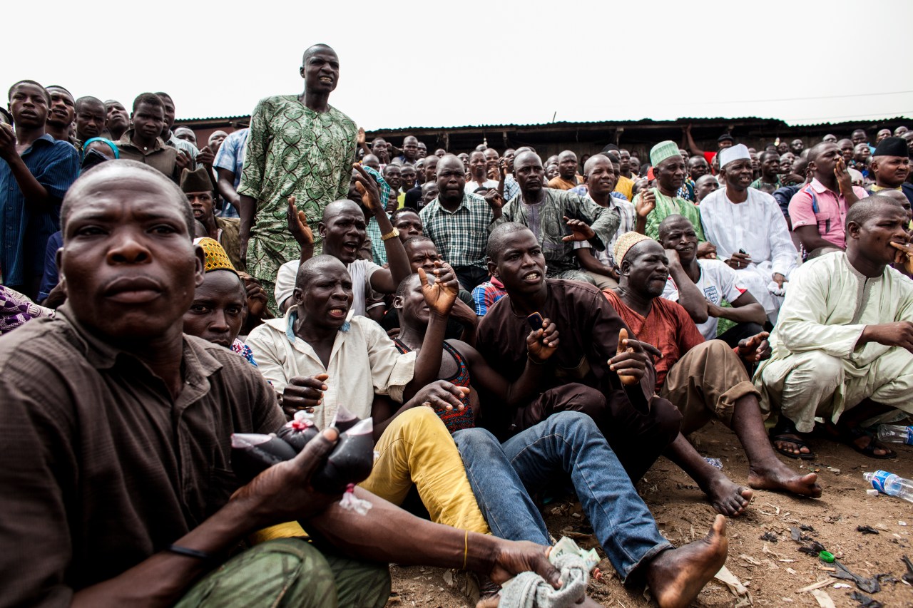 A large crowd gathered on a Sunday afternoon, the most popular day for Dambe boxing.