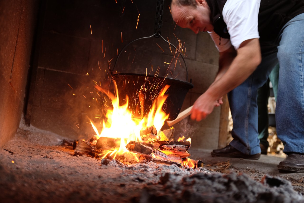 Halászlé is cooked on high flames, not coals. Rév Csárda’s Feri Kocsis feeds the fire every few minutes.