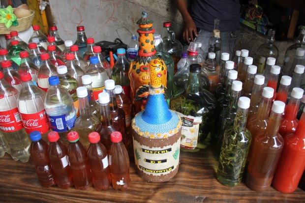 Mezcales and mezcal infusions at the Central Market in Chilpancingo, Guerrero. (Photo by Bill Esparza)