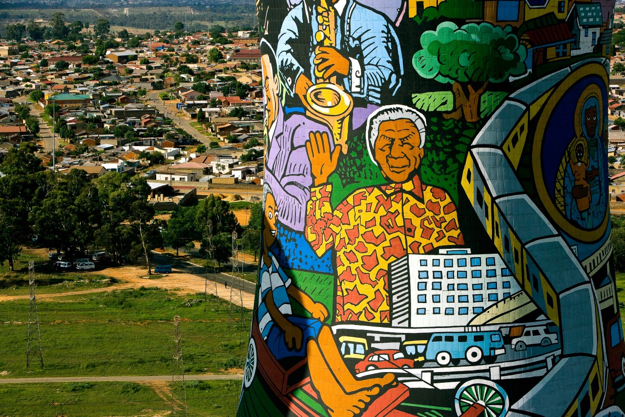Portrait of Nelson Mandela on a cooling tower of the Orlando Power Plant in Soweto, City of Johannesburg, Gauteng province, South Africa. (Photo by Yann Arthus-Bertrand via Getty Images)