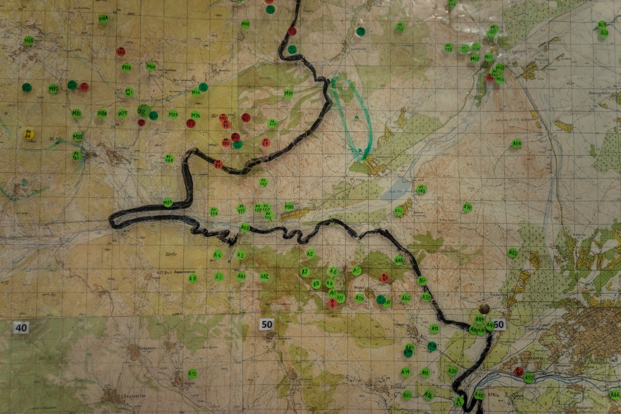 A map showing the locations of already cleared minefields, marked in green, and minefields yet to be cleared, in red, at the offices of the charity HALO Trust in Stepanakert.