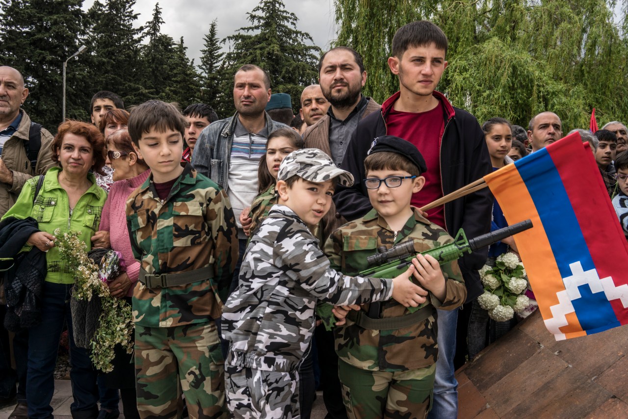 Armenian children at a military parade commemorating the Soviet victory in World War II and the recapture of Shushi from Azerbaijan.