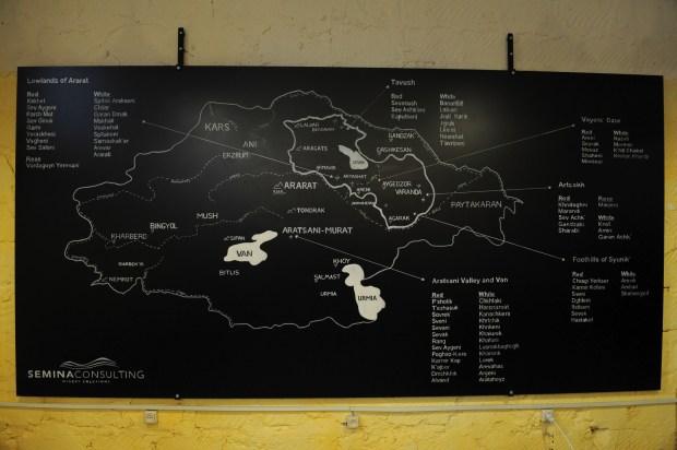 A map showing the locations of ancient grape varieties found throughout historic and modern-day Armenia. Photo by: Karen Minasyan