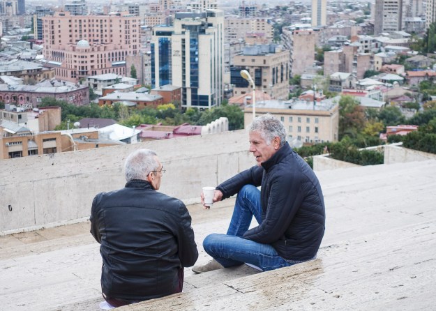 1. Tony and Giragosian talking in Yereven. 2. Ghapama: Armenian stuffed pumpkin.