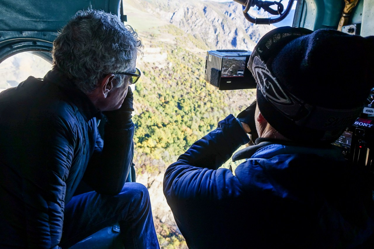 Director of Photography Zach Zamboni films Tony on a Soviet-era Mi8 Helicopter en route to Nagorno Karabakh.