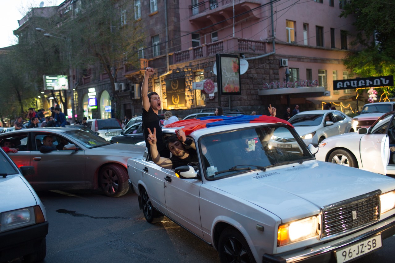 People celebrate in Republic Square in central Yerevan after Prime Minister Sargsyan announced his resignation.