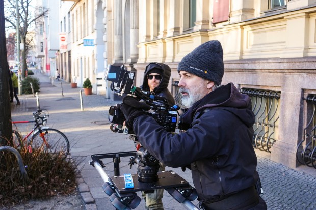 Director of photography Jeremy Leach (right) and assistant cameraman Josh Flannigan (left) film B-Roll in Berlin. Photo by Josh Ferrell.