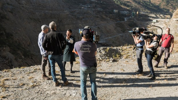 The crew films Aronofsky and Bourdain in Bhutan.