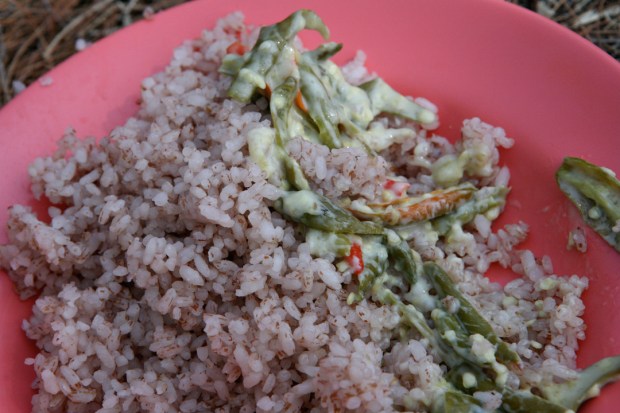 The national dish: ema datsi (chilis and cheese) with red rice.