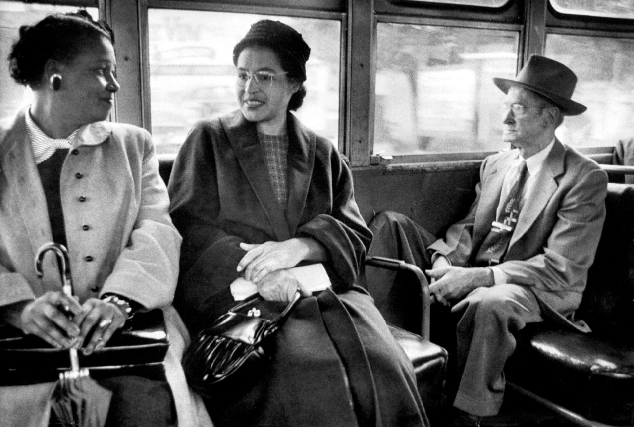 Parks riding on a newly integrated bus. Photo by Don Cravens/The LIFE Images Collection via Getty Images.
