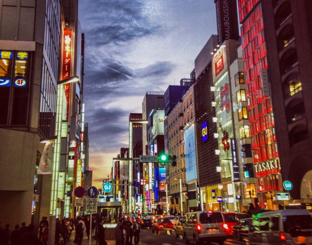 Sunset in Tokyo’s Ginza district.