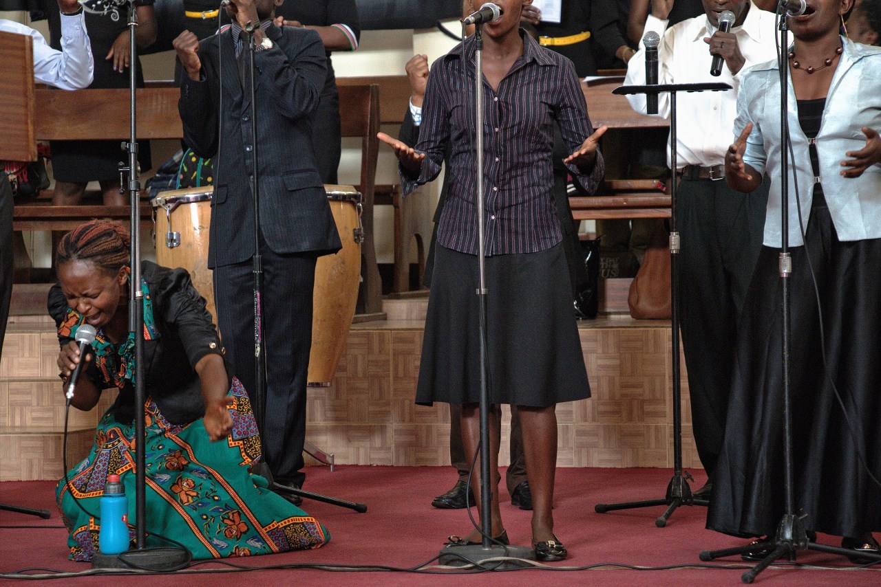 The choir in full swing during a Sunday service at the Friends International Centre in Nairobi, Kenya.