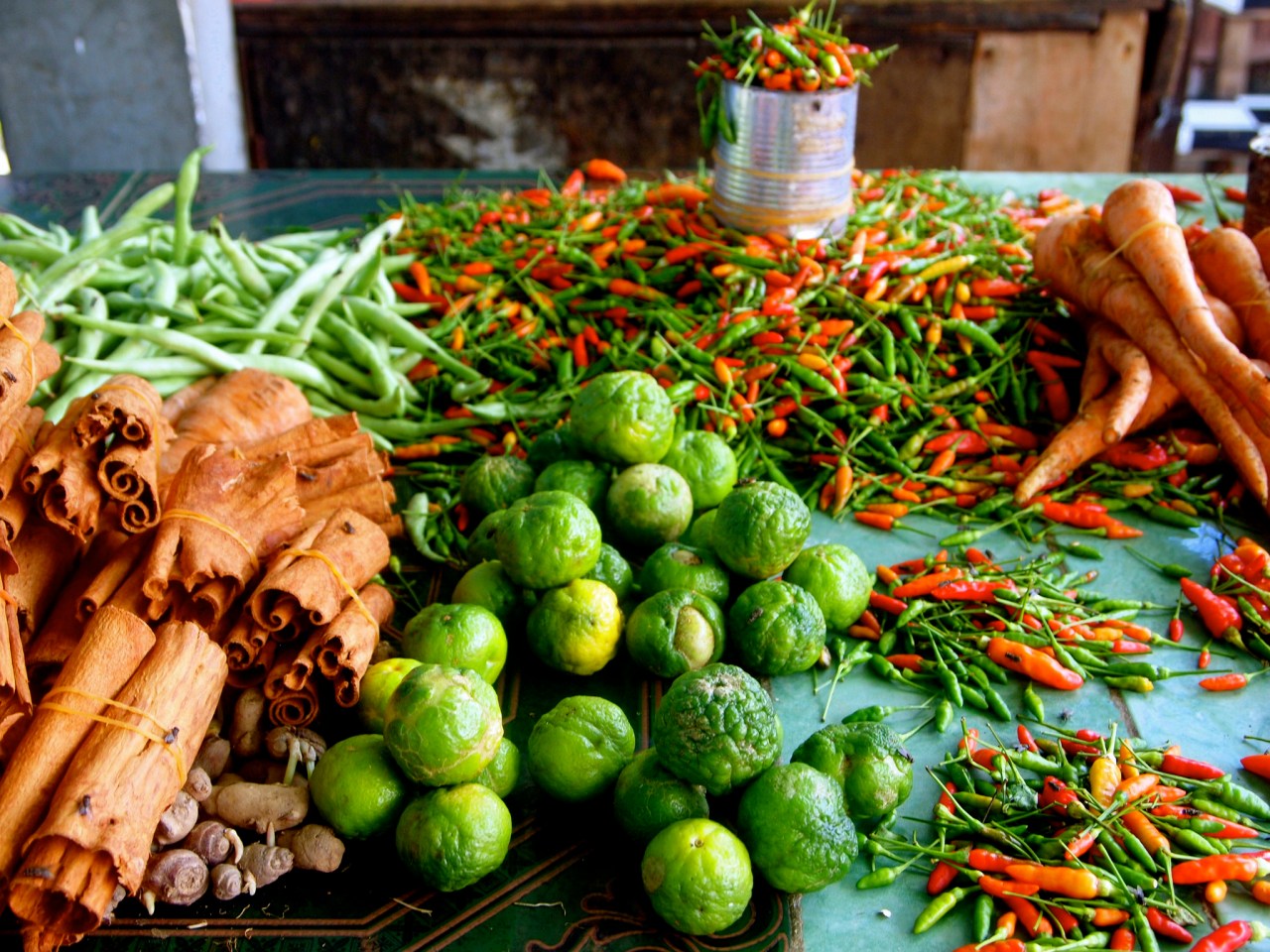 Fruits and peppers for sale.