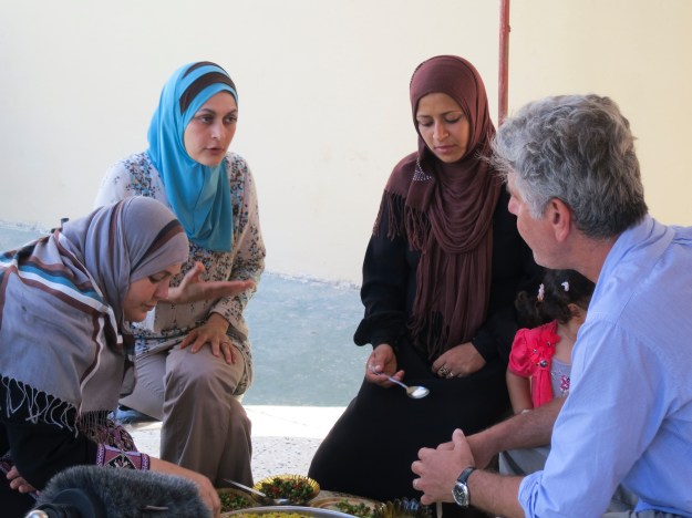 Bourdain and Laila El-Haddad while shooting the Jerusalem episode.