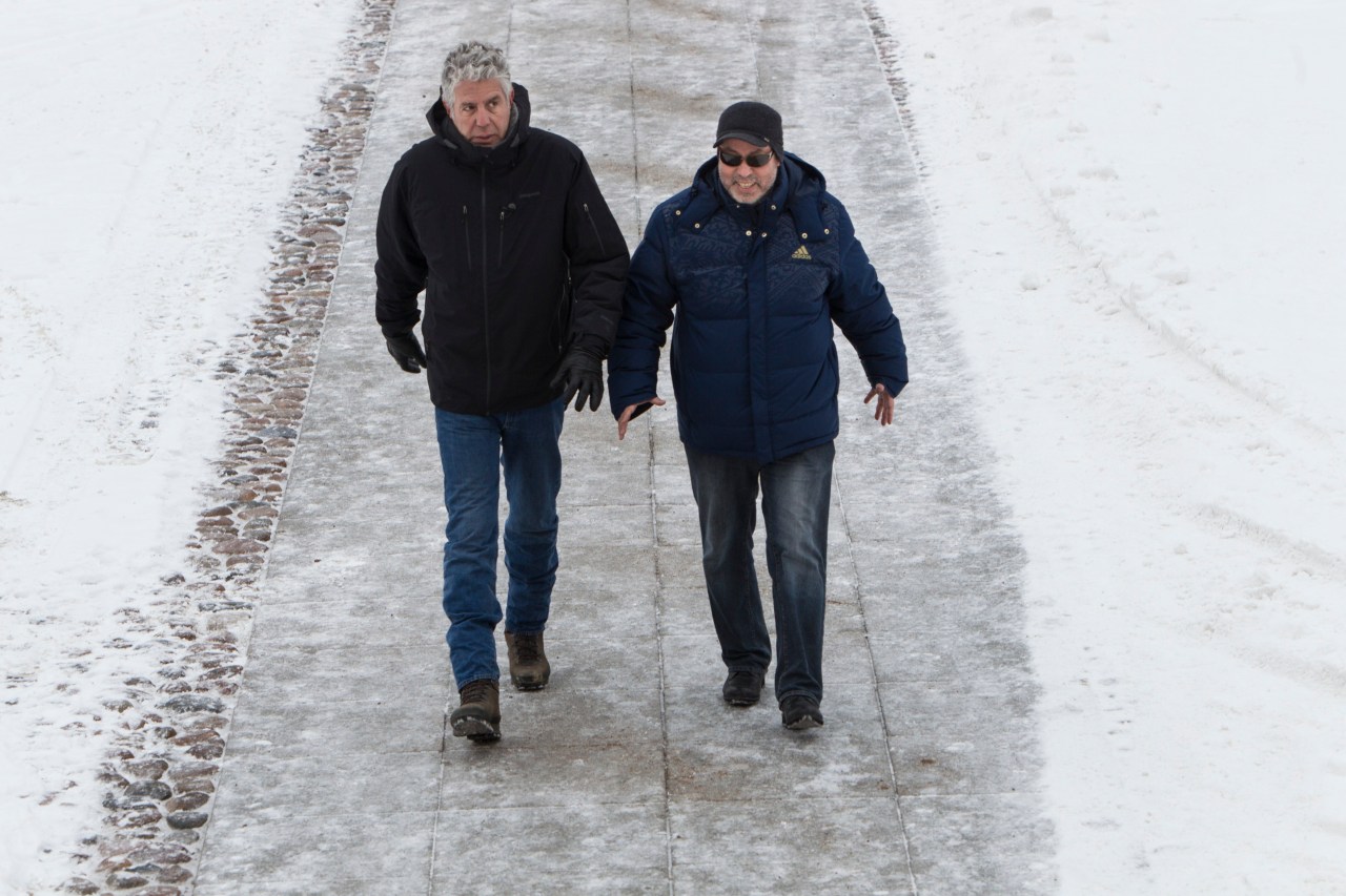 Anthony Bourdain and Zamir Gotta filming in Saint Petersburg.