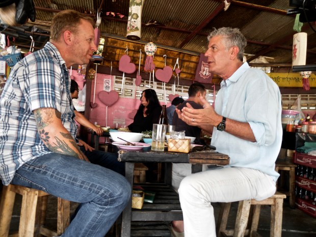 Andy Ricker and Anthony Bourdain filming in Thailand.