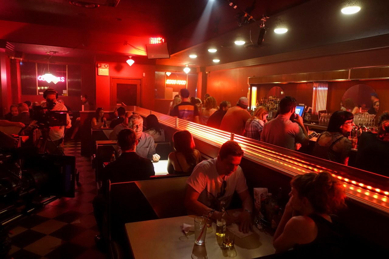 Bourdain on set at Kelly's Bar and Lounge in Pittsburgh, Pennsylvania. Photo by Josh Ferrell.